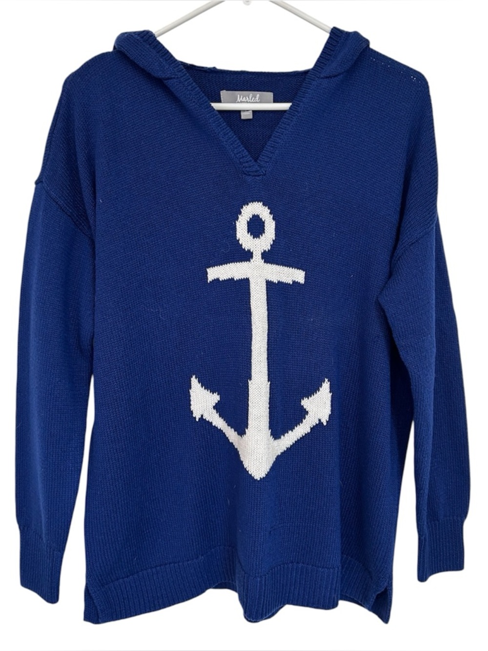Marled Bold Blue Hooded Sweater with White Anchor